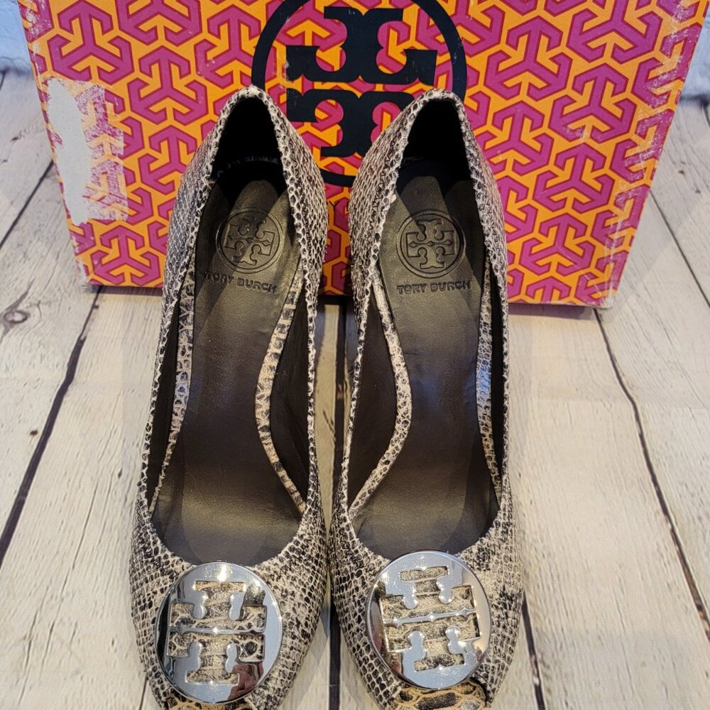Tory Burch Julianne Embossed Python Animal Print Peep Toe Wood Heel Wedges Pumps
